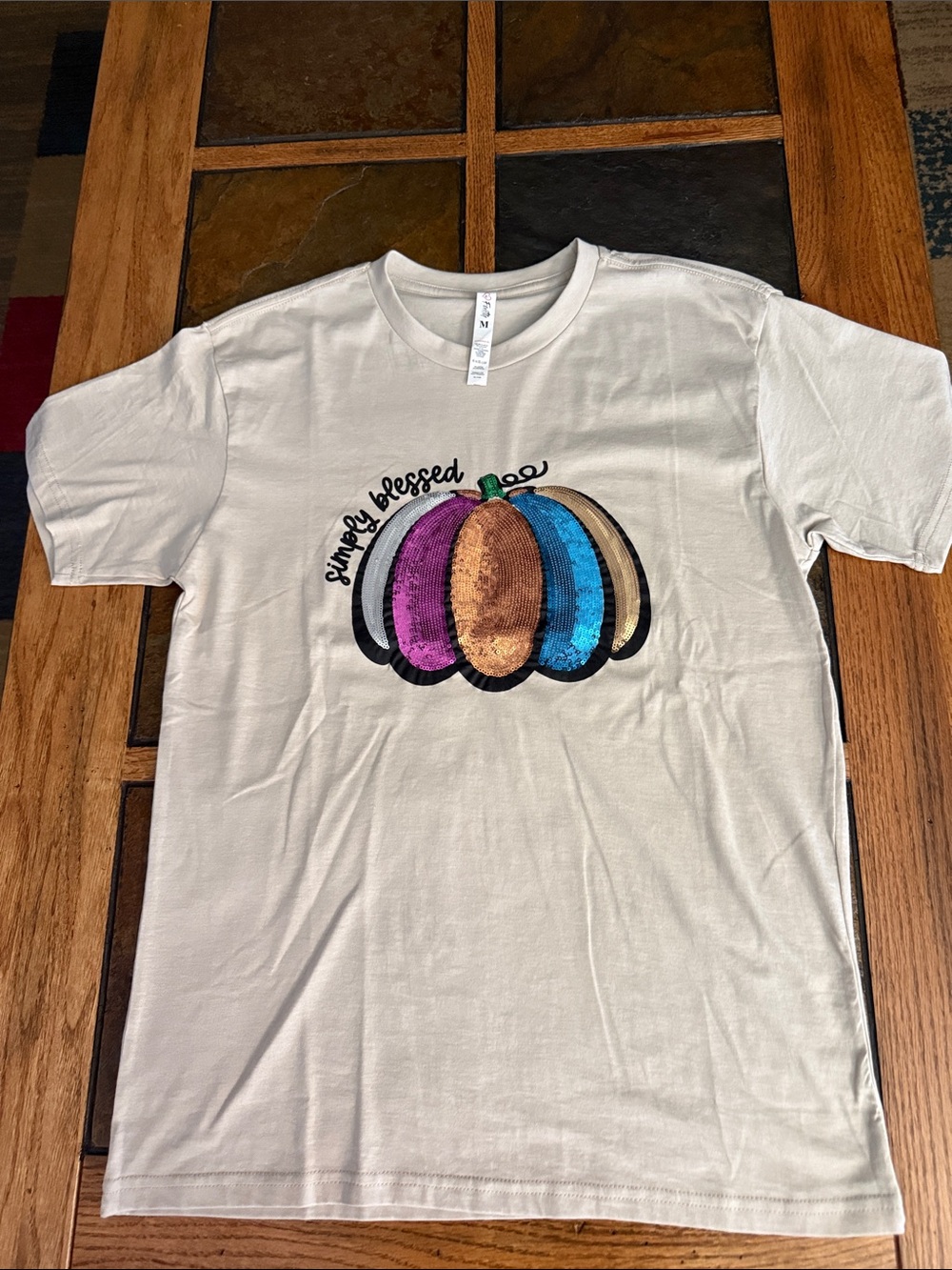women'Simply Blessed' Sequin Pumpkin Tee - Cream